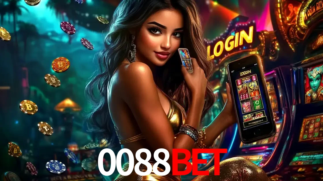 Mulher em um cenário de cassino temático de aventura, mostrando o app de caça-níqueis da 0088bet no celular. Fichas de apostas flutuam ao redor.