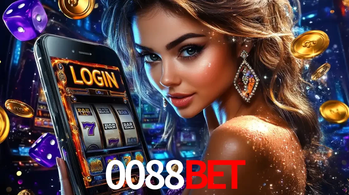 Mulher glamorosa segurando um smartphone com a tela de login para os jogos de caça-níqueis do cassino online 0088bet, com moedas de ouro e dados ao redor.