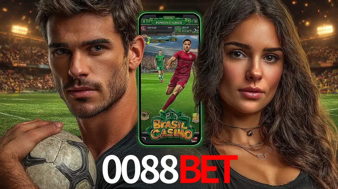 Homem segurando uma bola de futebol e uma mulher ao lado de um smartphone exibindo o jogo de apostas esportivas da 0088bet. Faça seu palpite no cassino online.